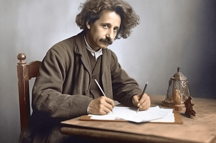 AI generated image of Albert Einstein with two hands writing