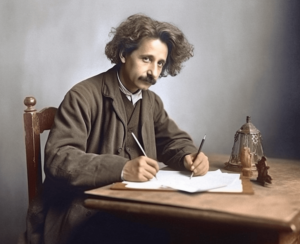 AI generated image of Albert Einstein with two hands writing
